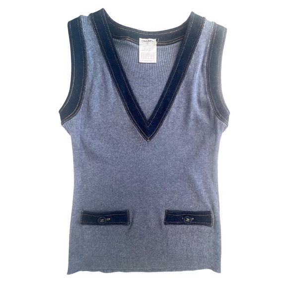 CHANEL CC BLUE DENIM TOP TRIMMED V NECK VEST TANK TOP 2007 (FR42 | LARGE) - Picture 5 of 8